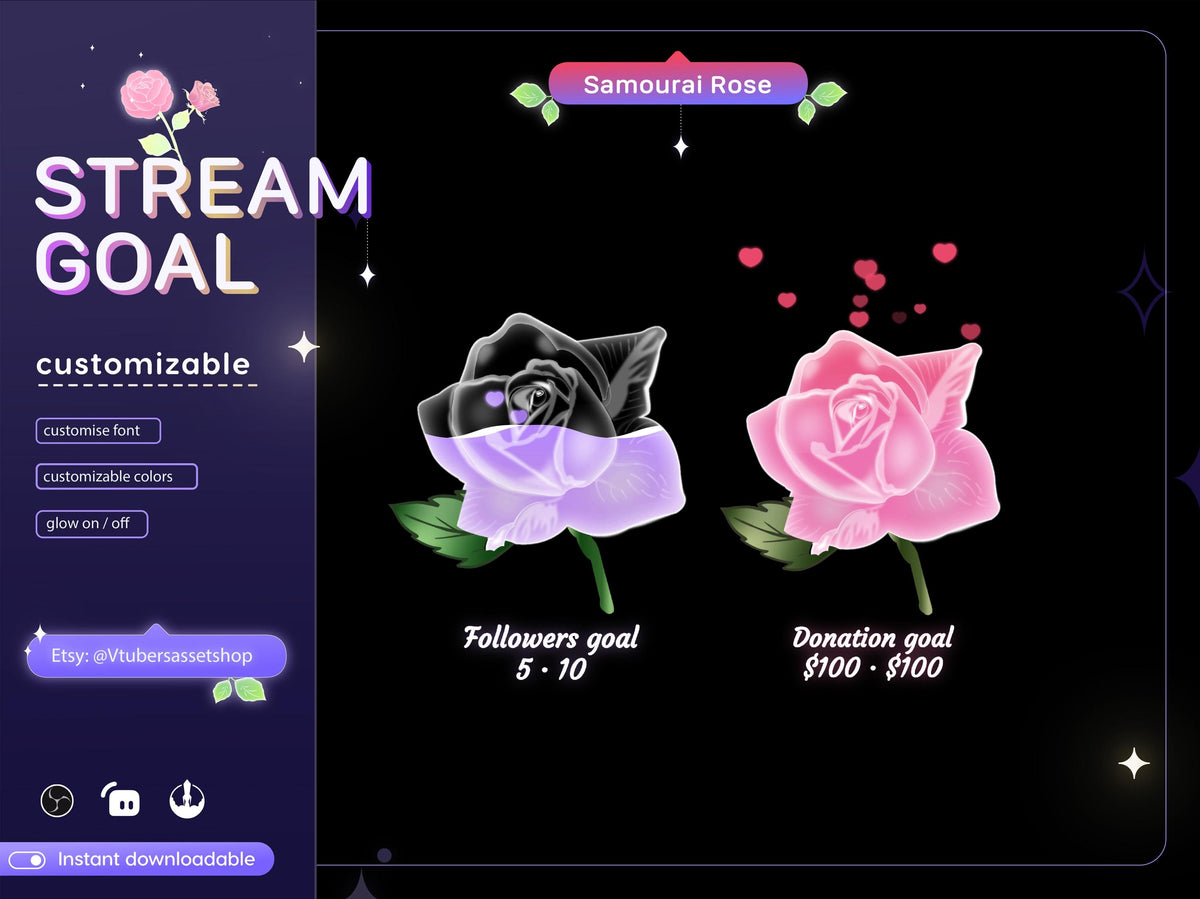 Samourai Rose Stream Goal Widget: Glassy Flower for Twitch OBS