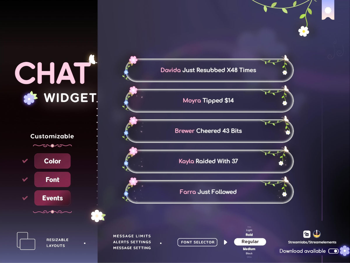 Floral Stream Chat Widget: Transparent Glass, Customizable (Streamelements)