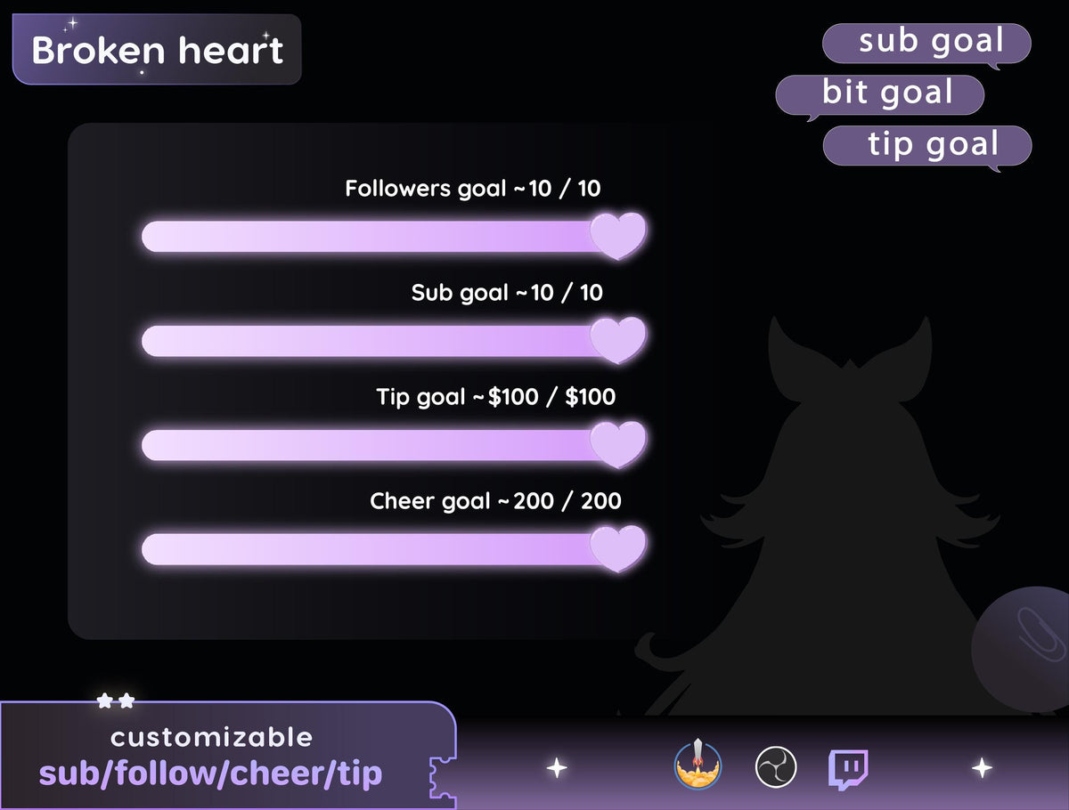 Broken Heart Goal Widget | Twitch Streamlabs StreamElements Animated Sub Donation Goal | VTuber Streamer