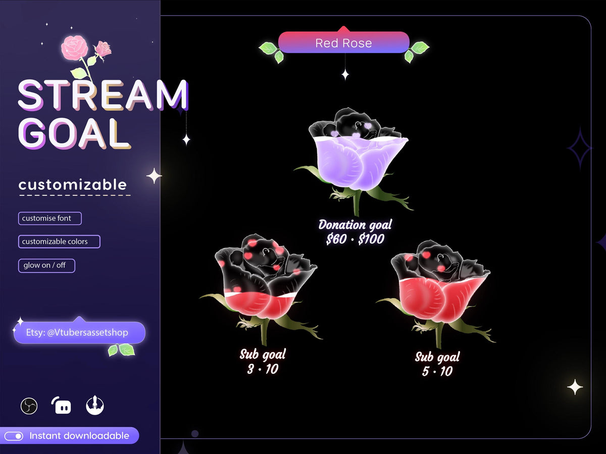 Red Rose Stream Goal Widget: Floral Twitch Overlay (Digital Download)