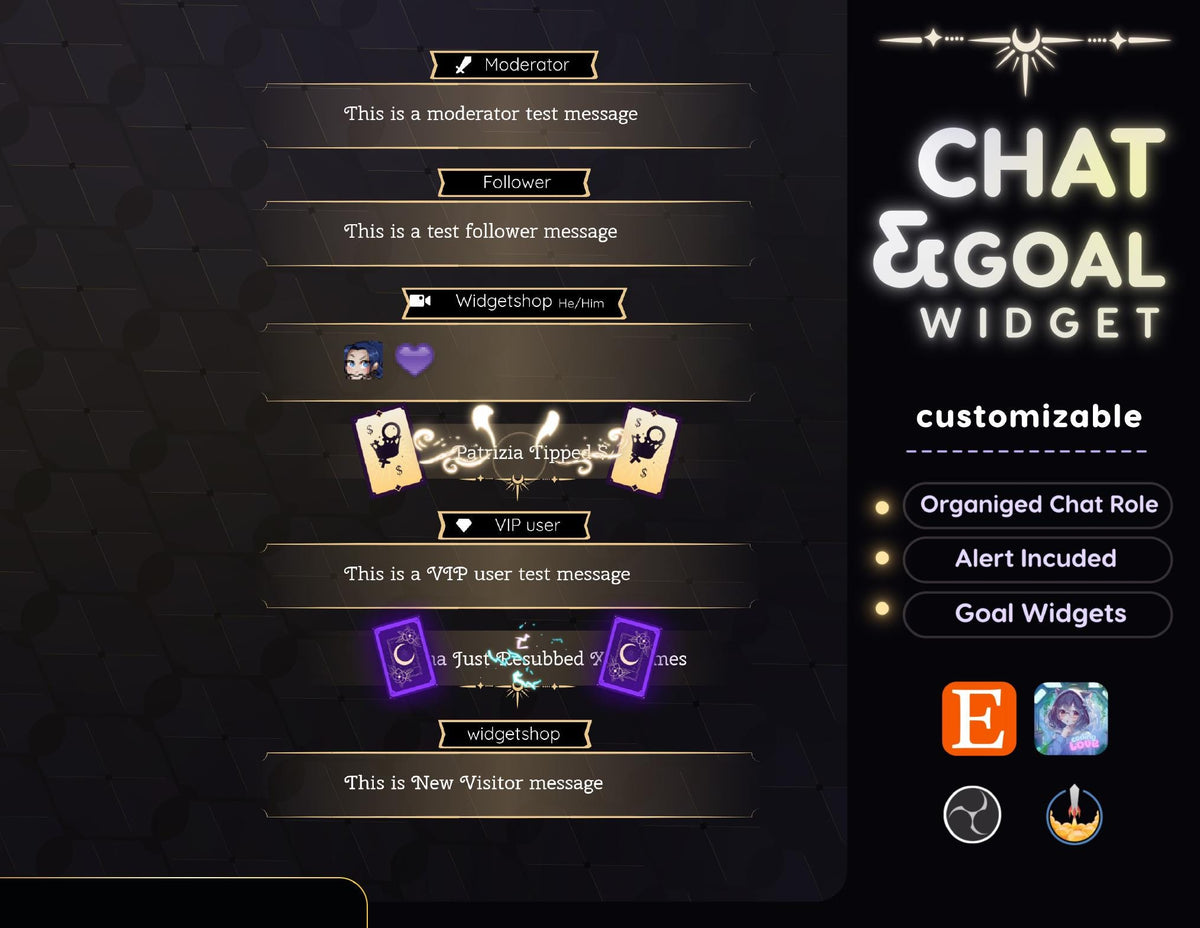 Tarot Chat Widget | Twitch StreamElements Minimalist Animated Chat Goal Alerts | Dark VTuber Streamer