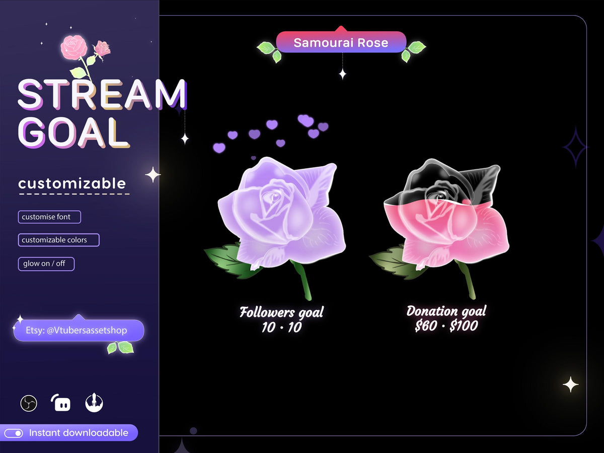 Samourai Rose Stream Goal Widget: Glassy Flower for Twitch OBS