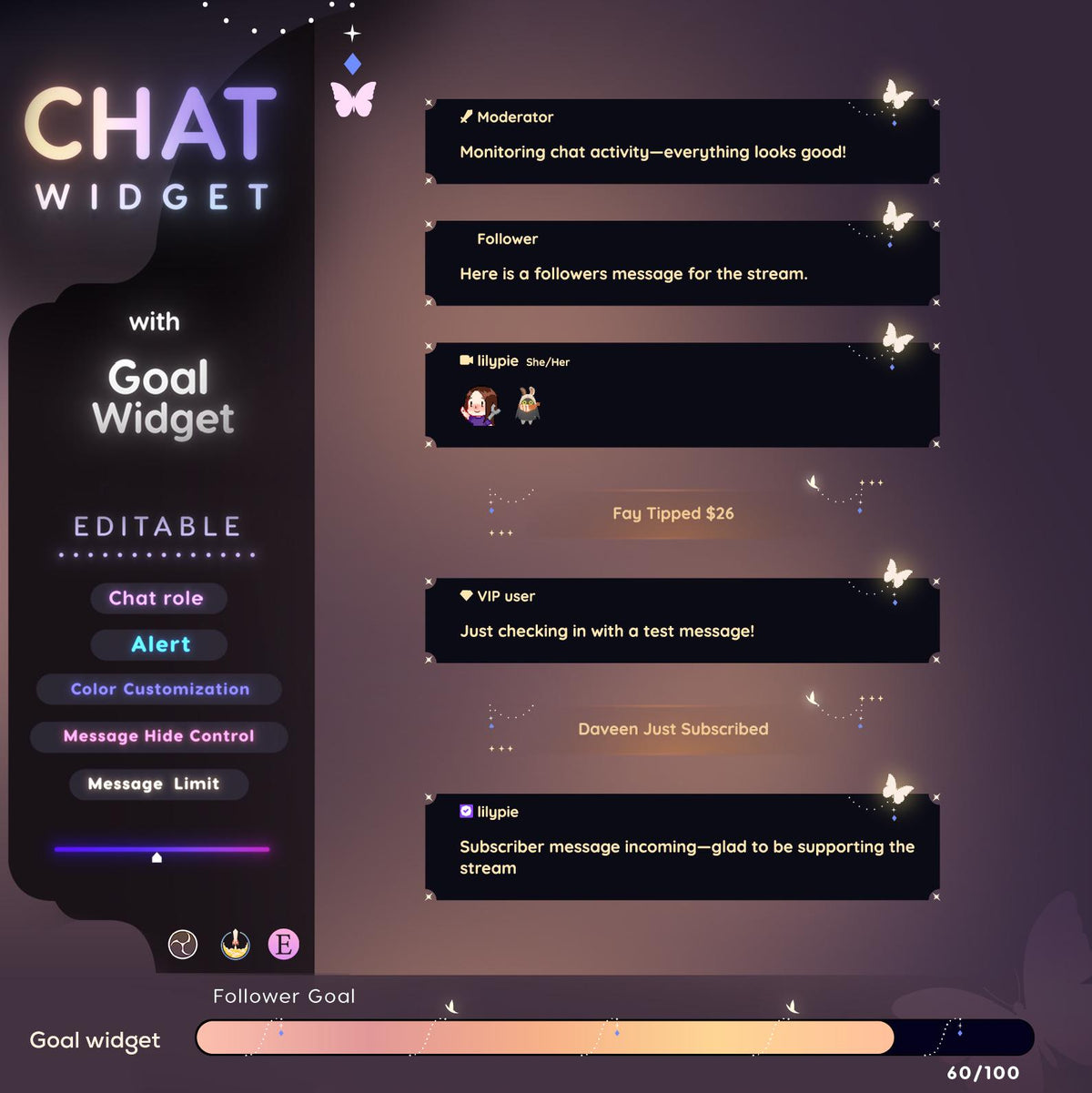 Celestial Butterfly Twitch Chat & Goal Widget - Starry Stream Alerts (StreamElements)