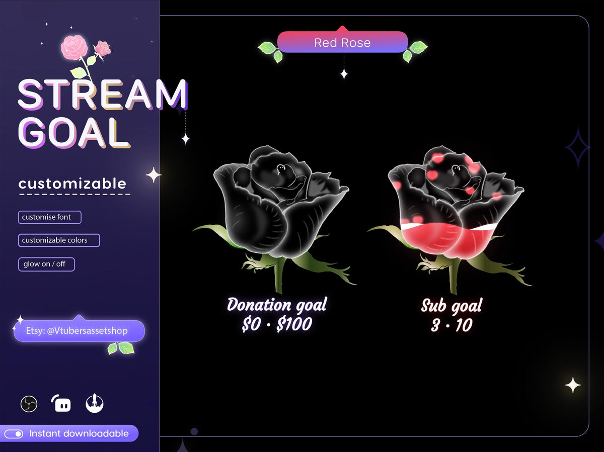 Red Rose Stream Goal Widget: Floral Twitch Overlay (Digital Download)