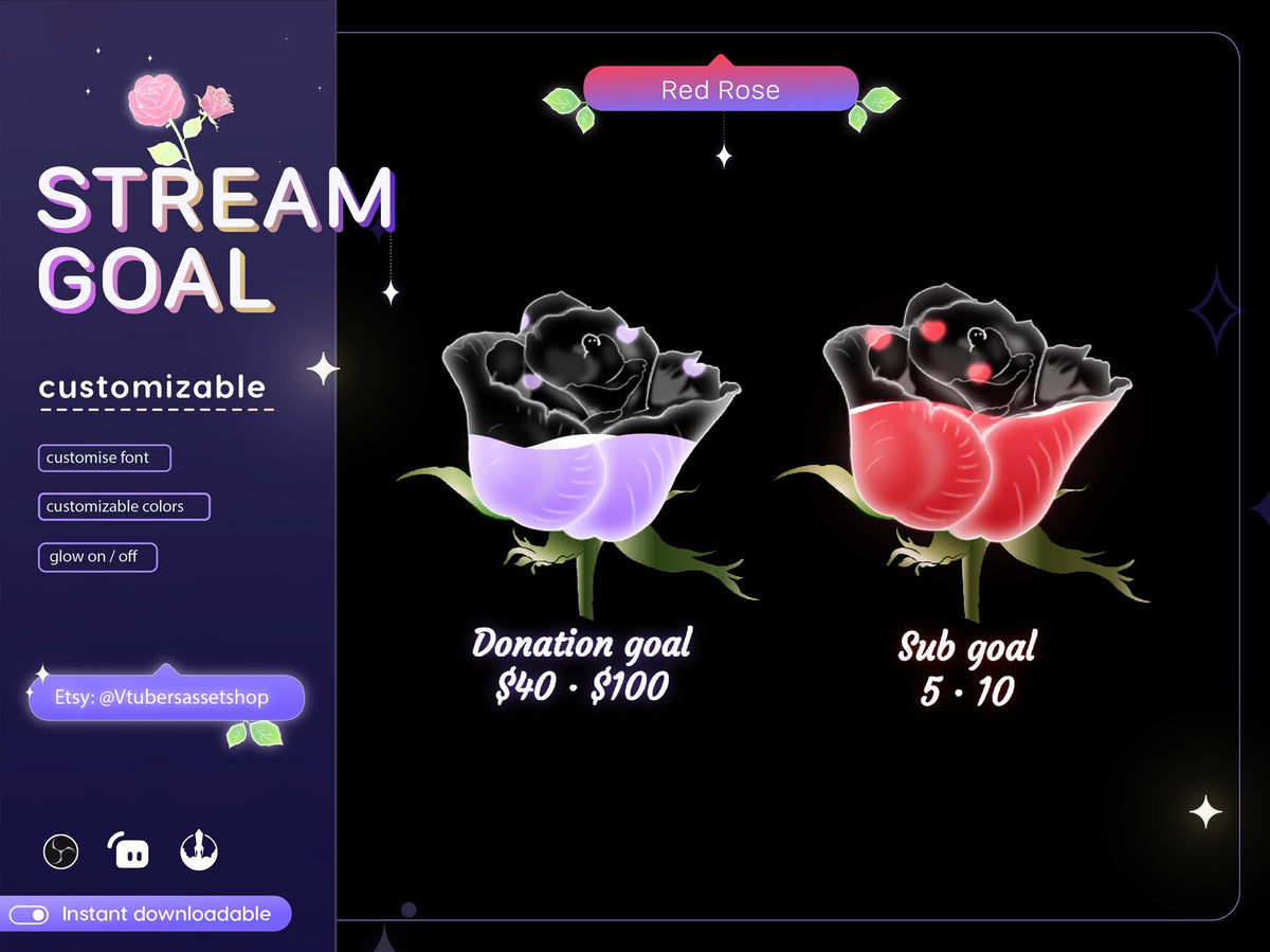 Red Rose Stream Goal Widget: Floral Twitch Overlay (Digital Download)