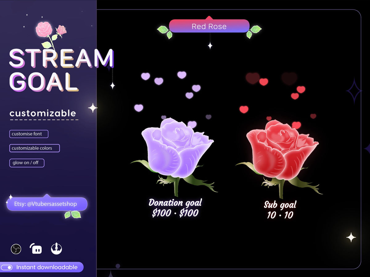 Red Rose Stream Goal Widget: Floral Twitch Overlay (Digital Download)
