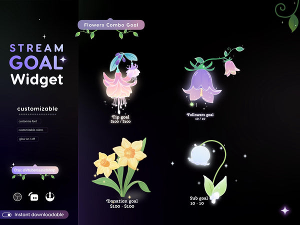 Flowers Stream Goal Widget: Glassy Combo for Twitch - Streamlabs, Streamelements