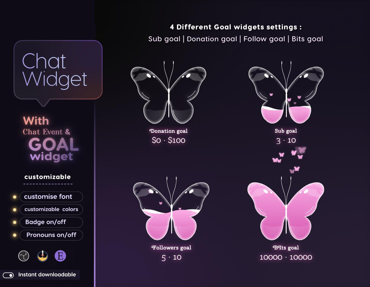 Lotus Butterfly Chat Widget | Twitch StreamElements Animated Glass Chat Goal Overlay | VTuber Streamer