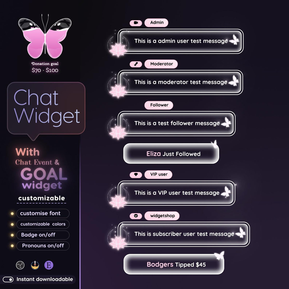 Lotus Butterfly Chat Widget | Twitch StreamElements Animated Glass Chat Goal Overlay | VTuber Streamer