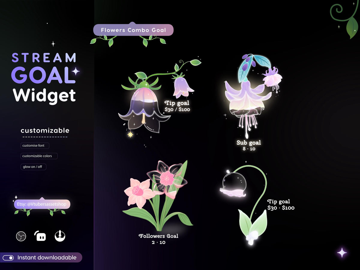 Flowers Stream Goal Widget: Glassy Combo for Twitch - Streamlabs, Streamelements