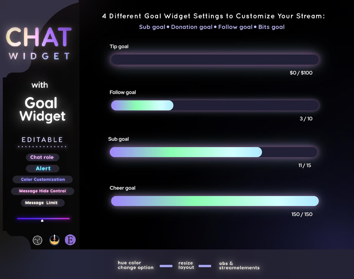 Neon Glow Twitch Chat Widget | Goal Bar StreamElements and OBS (Digital Download)