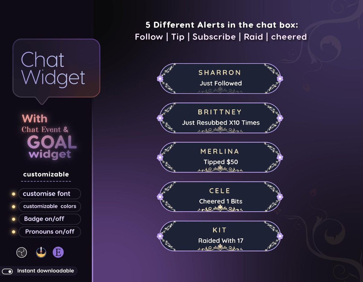 Purple Floral Chat Widget | Twitch StreamElements Animated Nature Chat Goal Overlay | VTuber Streamer
