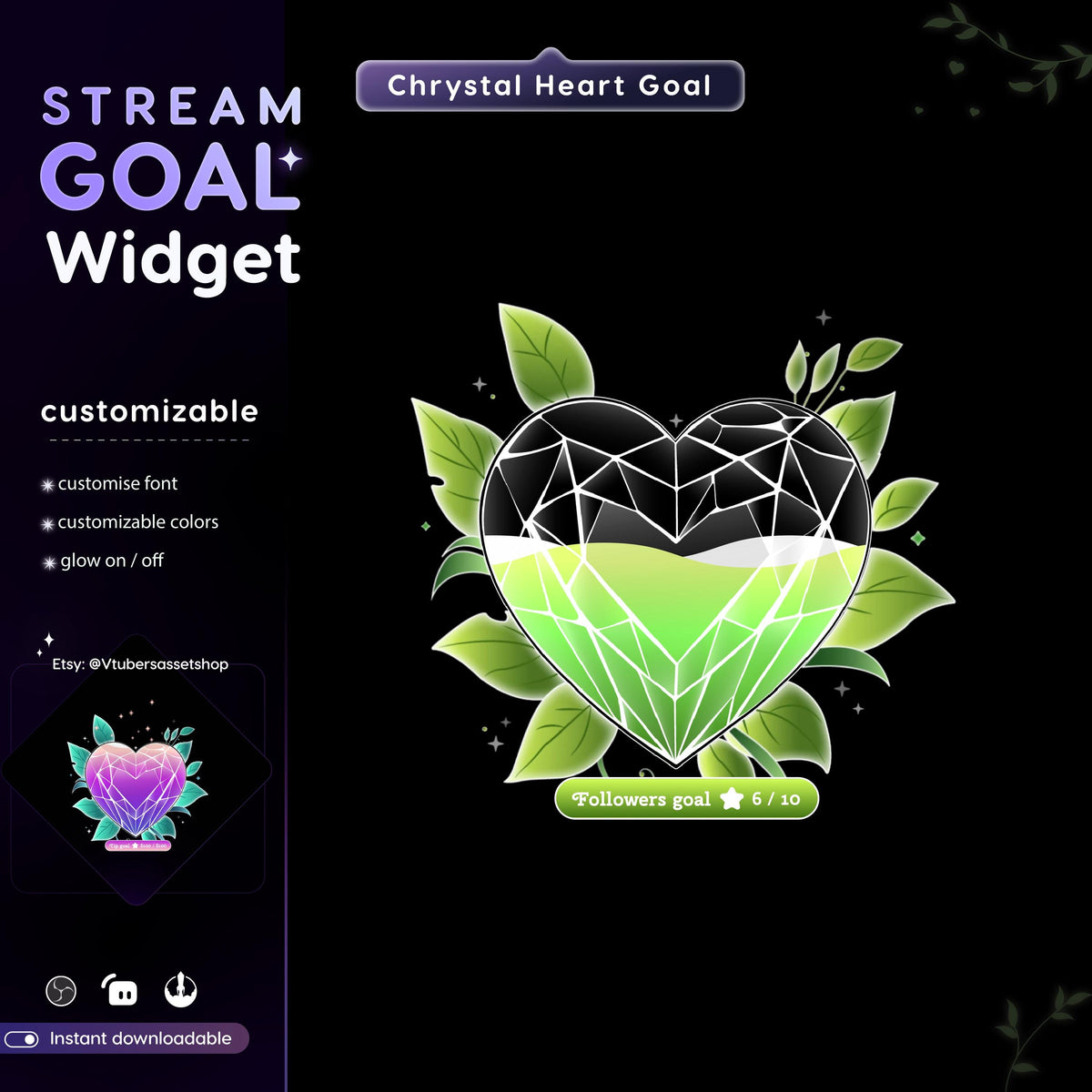 Crystal Heart Twitch Goal Widget: Stream Overlay for streamelements, Streamlabs, OBS