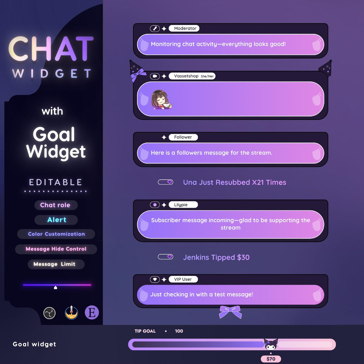Anime Cartoonish Twitch Chat Widget - Pastel Starry Theme overlay (Digital Download)