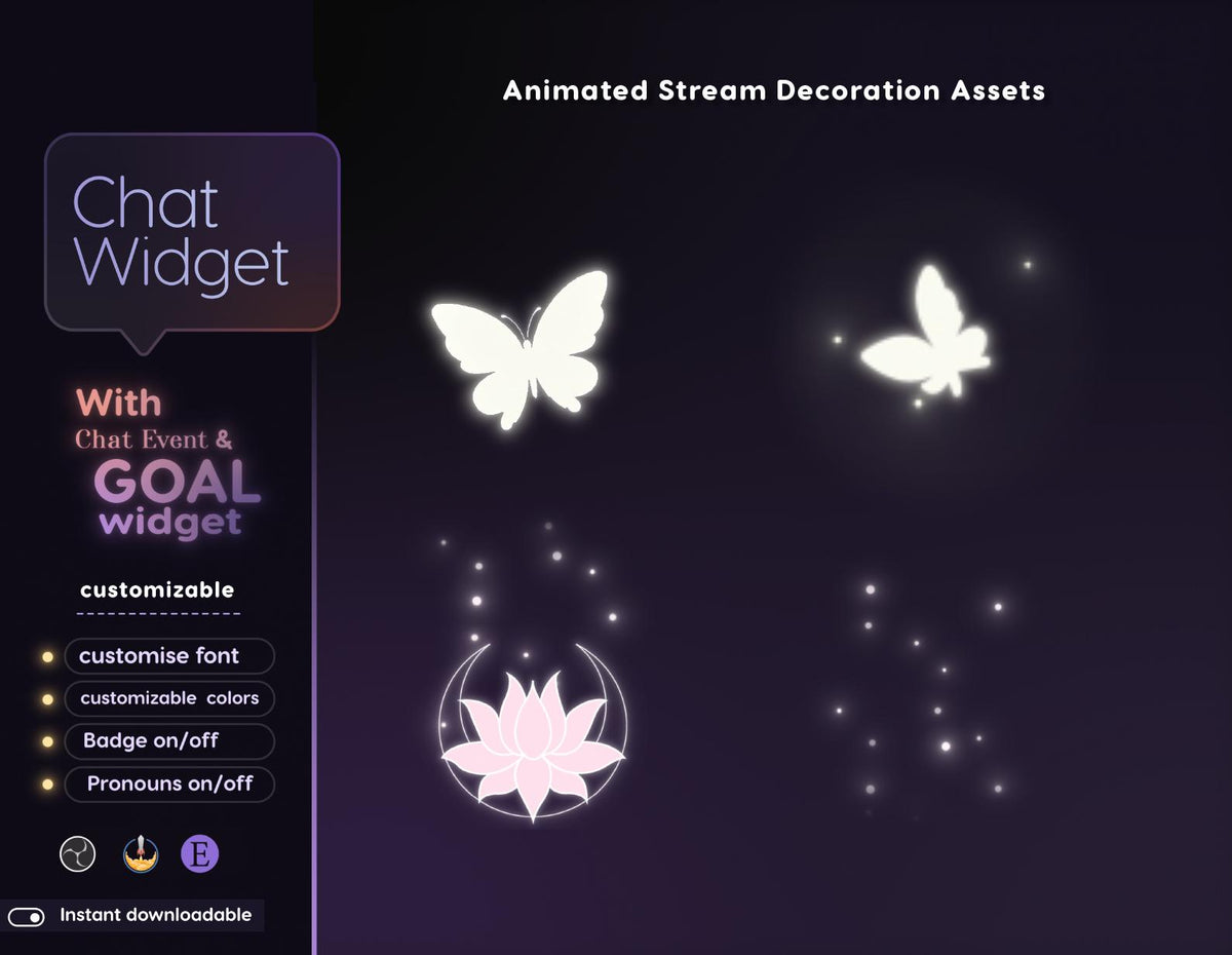 Lotus Butterfly Chat Widget | Twitch StreamElements Animated Glass Chat Goal Overlay | VTuber Streamer
