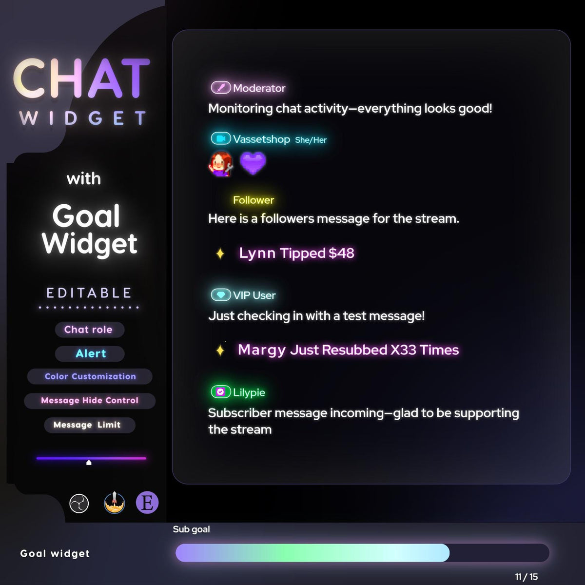 Neon Glow Twitch Chat Widget | Goal Bar StreamElements and OBS (Digital Download)