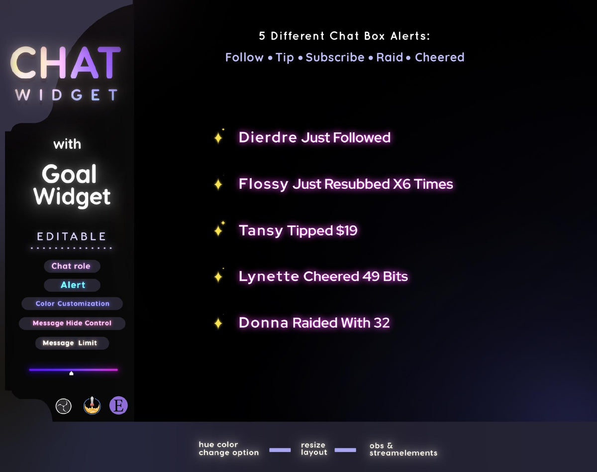 Neon Glow Twitch Chat Widget | Goal Bar StreamElements and OBS (Digital Download)