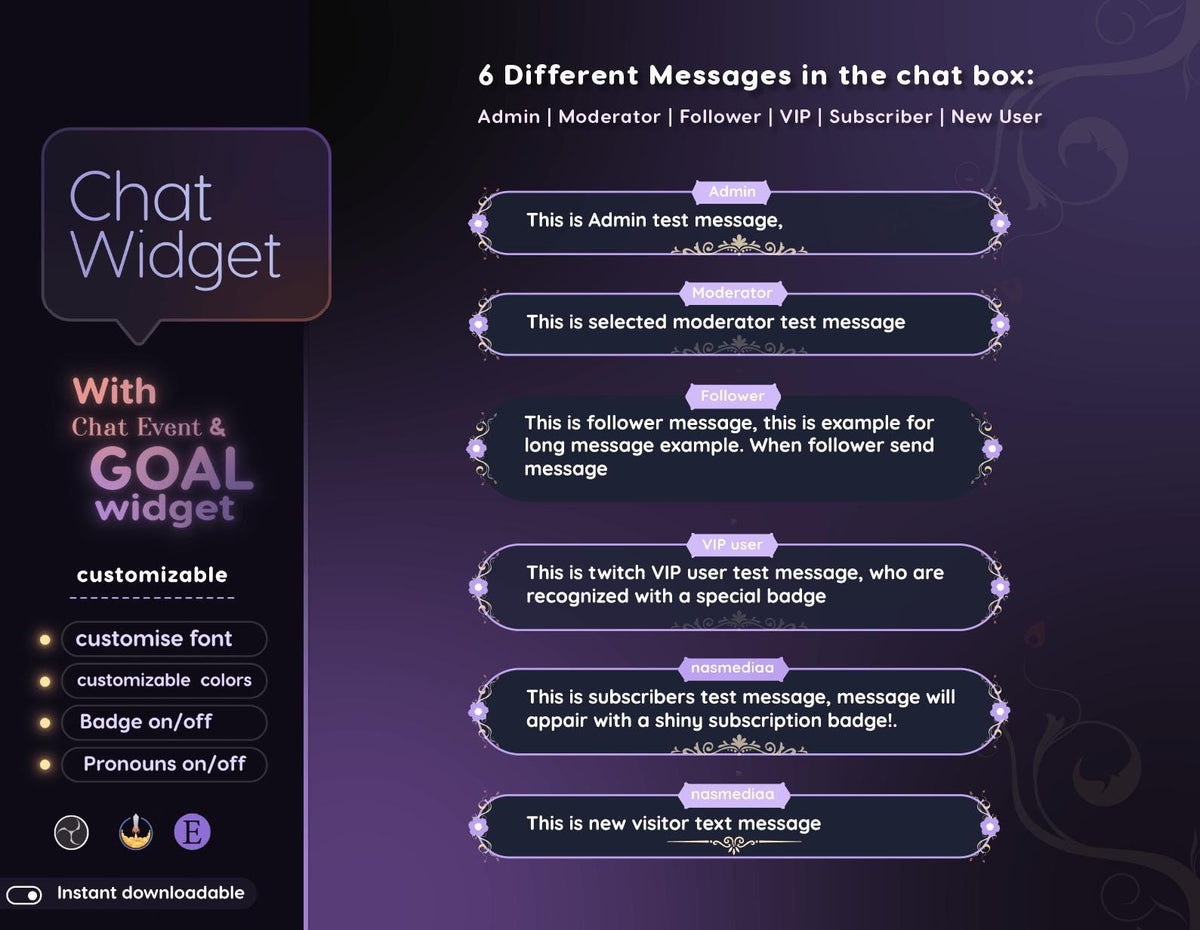 Purple Floral Chat Widget | Twitch StreamElements Animated Nature Chat Goal Overlay | VTuber Streamer