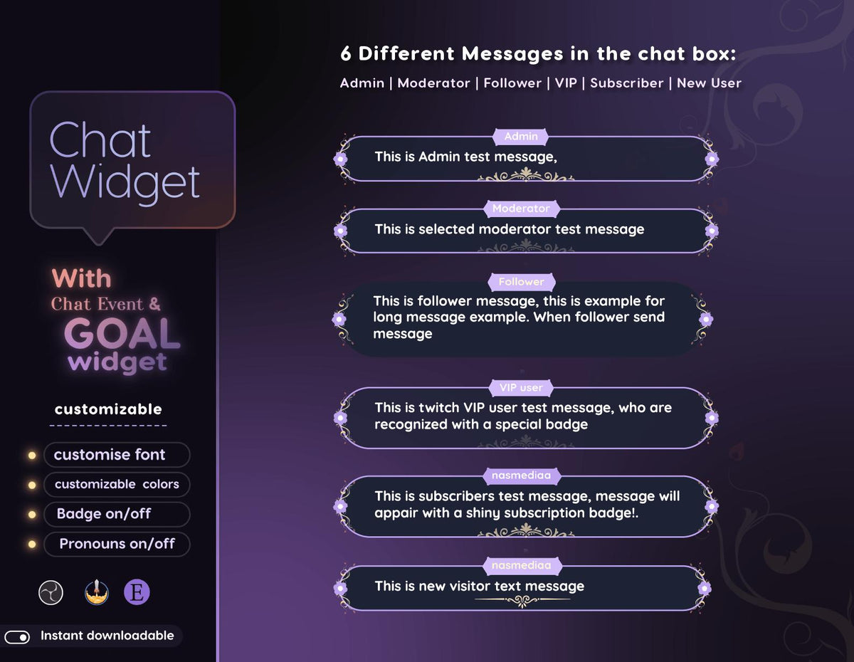 Purple Floral Chat Widget | Twitch StreamElements Animated Nature Chat Goal Overlay | VTuber Streamer