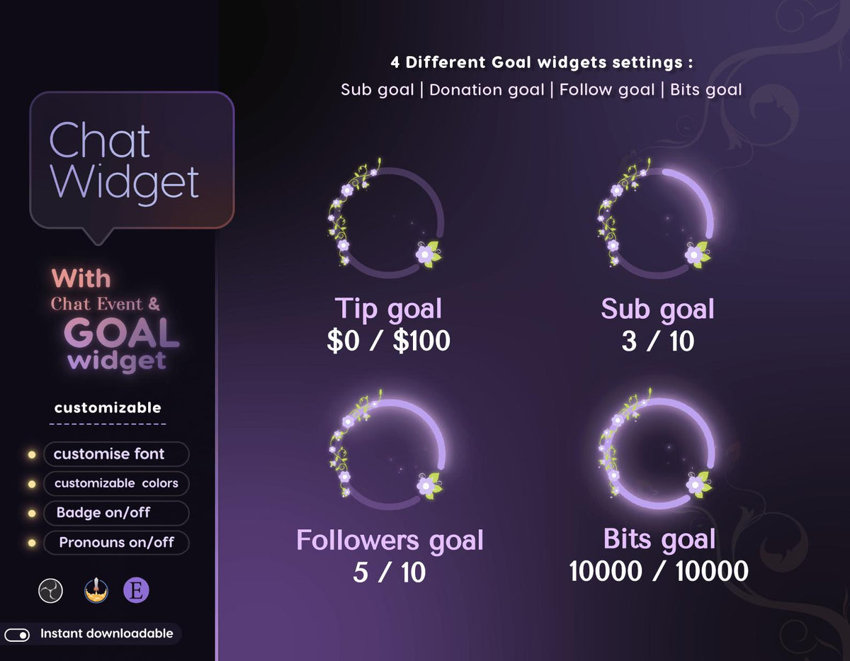 Purple Floral Chat Widget | Twitch StreamElements Animated Nature Chat Goal Overlay | VTuber Streamer
