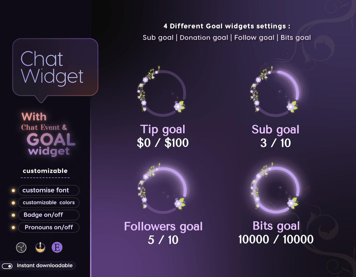 Purple Floral Chat Widget | Twitch StreamElements Animated Nature Chat Goal Overlay | VTuber Streamer