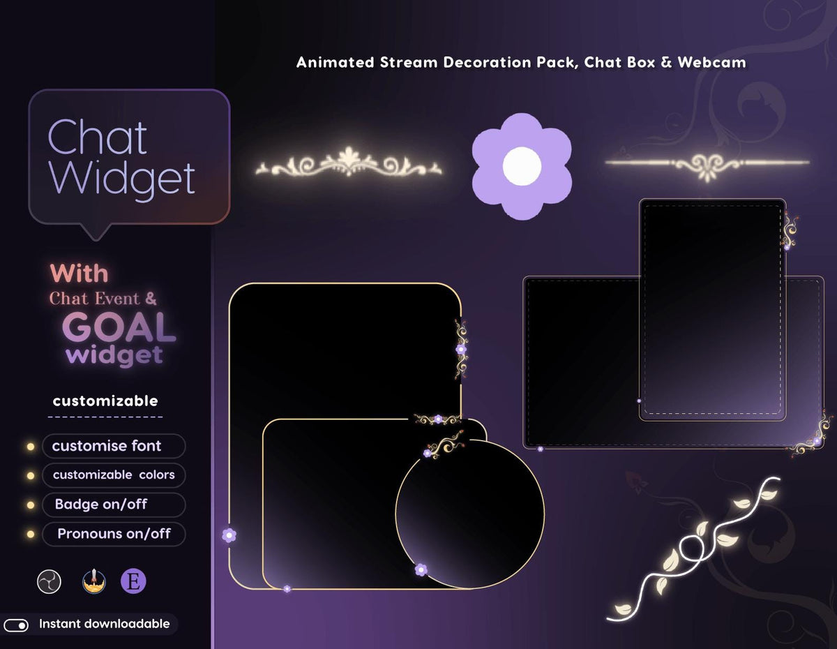 Purple Floral Chat Widget | Twitch StreamElements Animated Nature Chat Goal Overlay | VTuber Streamer