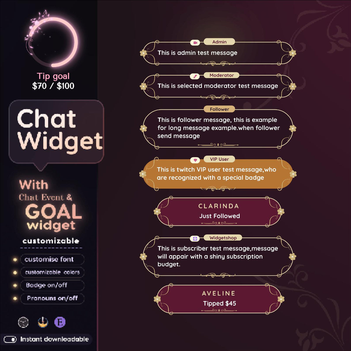 Red Floral Chat Widget | StreamElements Goal Widget (Digital Download)