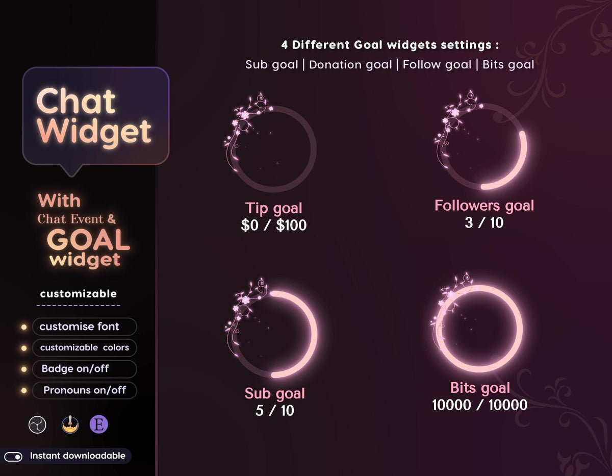 Red Floral Chat Widget | StreamElements Goal Widget (Digital Download)