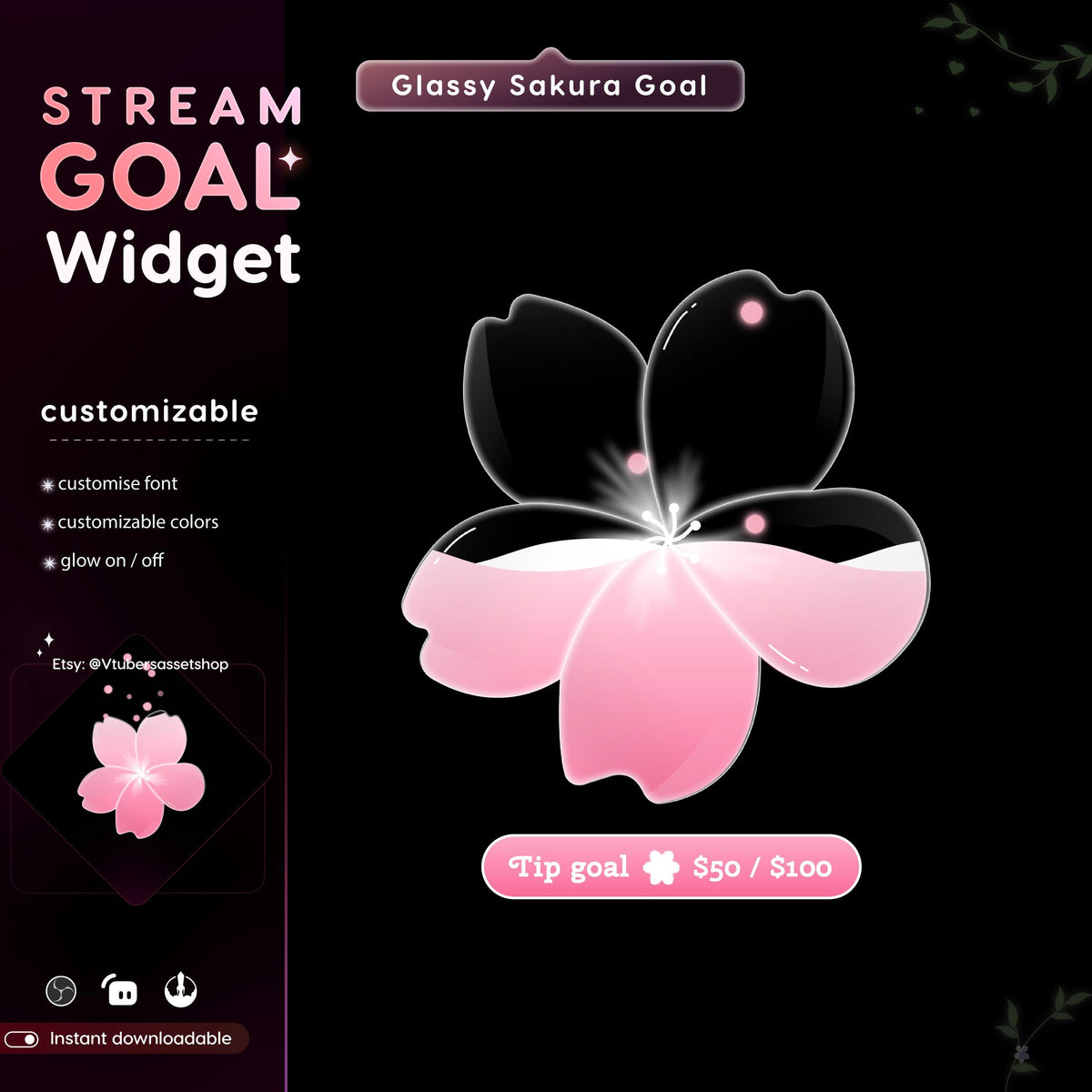 Glassy Sakura Flower Stream Goal Widget: Streamlabs & Streamelements