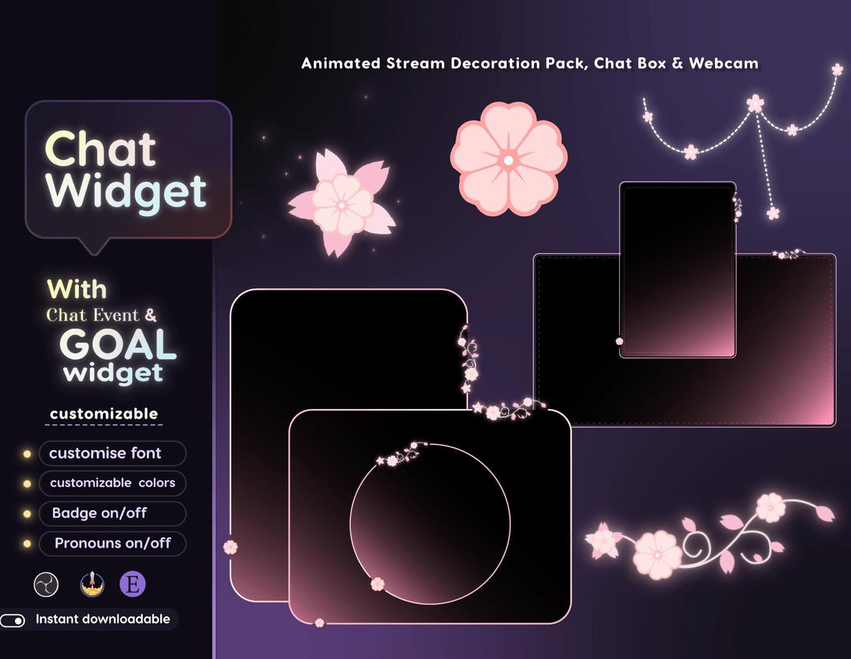 Sakura Floral Chat Widget | Twitch StreamElements Transparent Animated Chat Goal | VTuber Streamer
