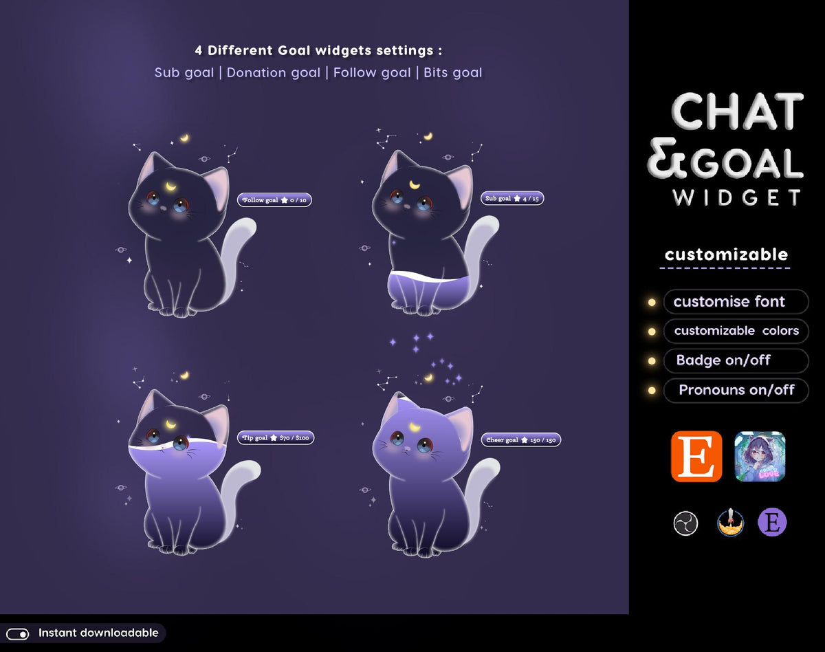 Dark Lunar Cat Chat Widget | Twitch StreamElements Animated Chat Goal Overlay | Kawaii VTuber Streamer