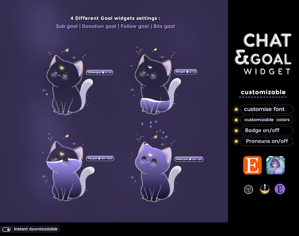 Dark Lunar Cat Chat Widget | Twitch StreamElements Animated Chat Goal Overlay | Kawaii VTuber Streamer