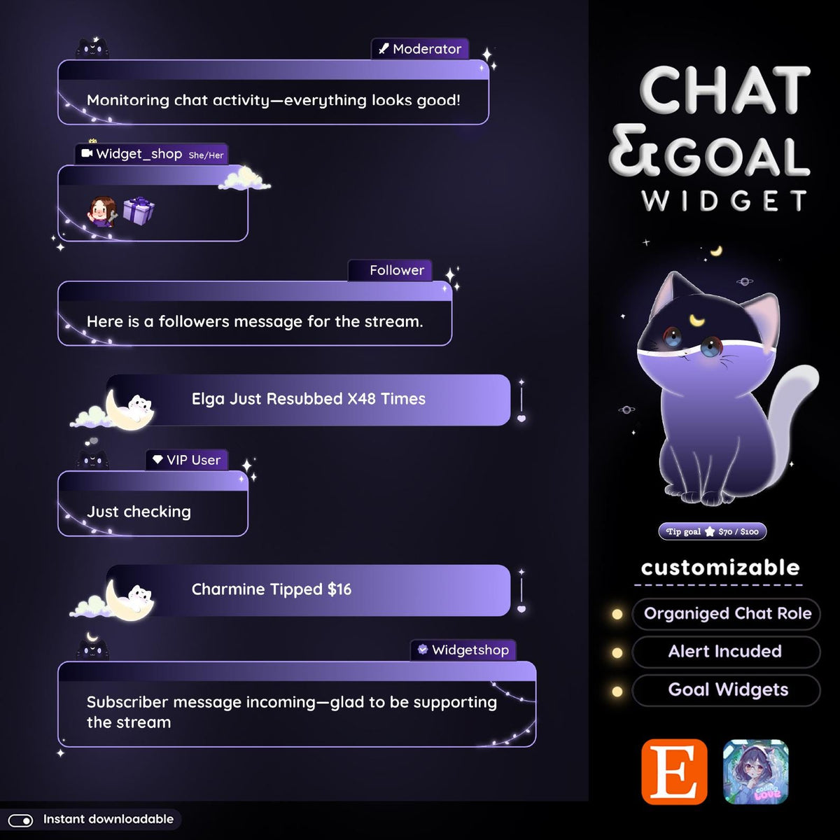 Dark Lunar Cat Chat Widget | Twitch StreamElements Animated Chat Goal Overlay | Kawaii VTuber Streamer