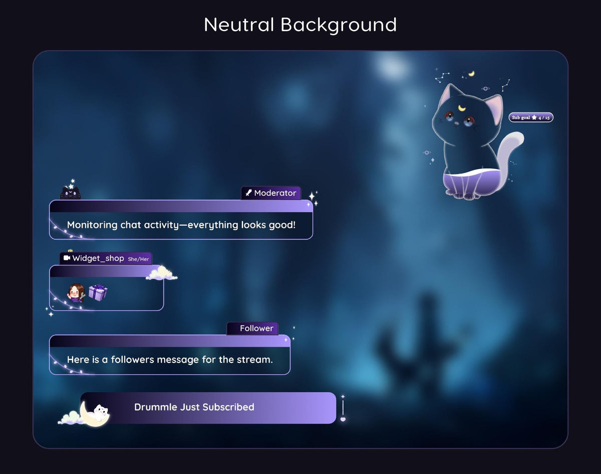 Dark Lunar Cat Chat Widget | Twitch StreamElements Animated Chat Goal Overlay | Kawaii VTuber Streamer