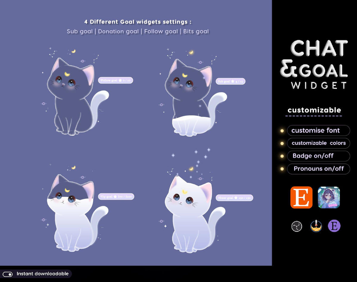 Lunar Cat Chat Widget | Twitch StreamElements Purple Animated Cosmic Overlay | Kawaii VTuber Streamer
