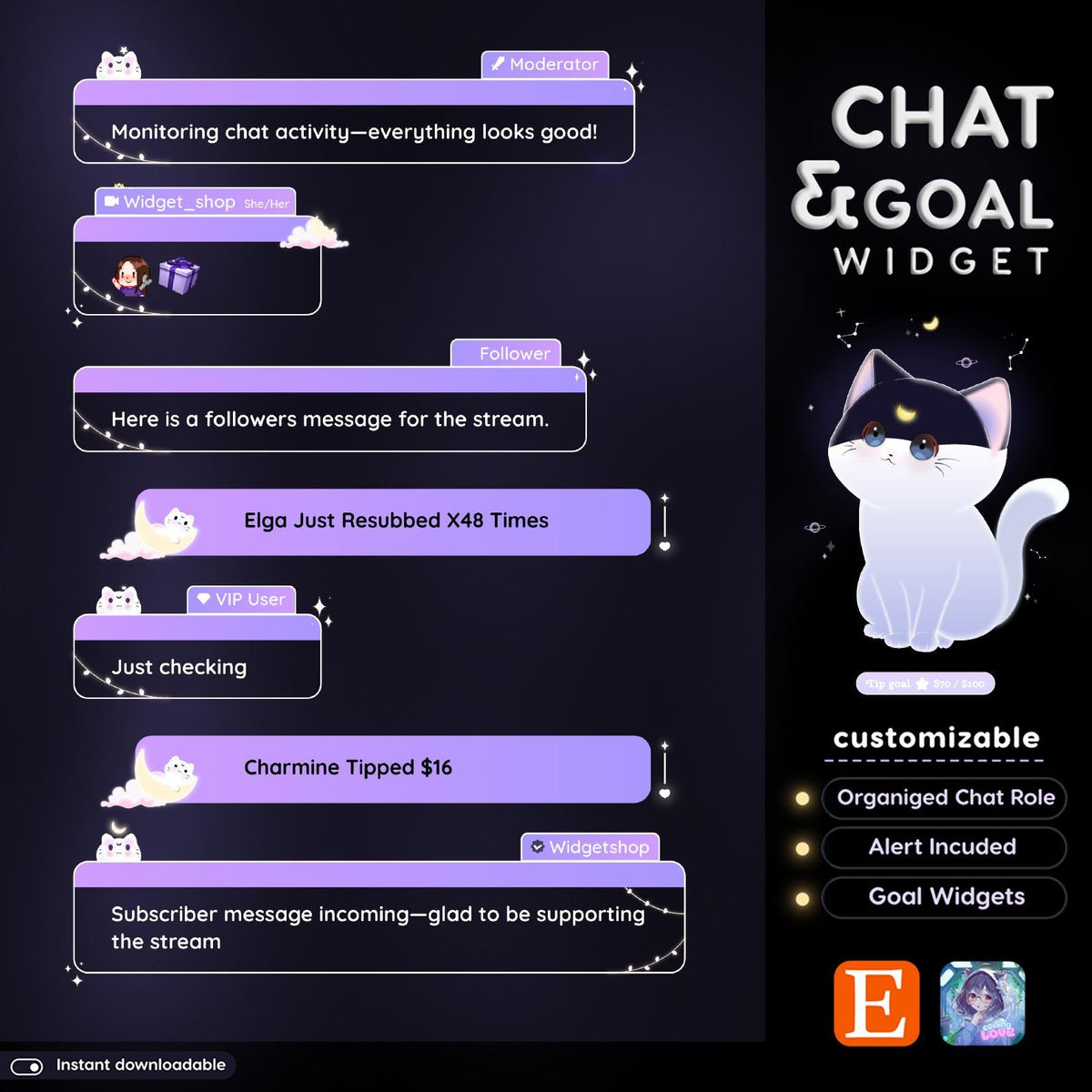 Lunar Cat Chat Widget | Twitch StreamElements Purple Animated Cosmic Overlay | Kawaii VTuber Streamer
