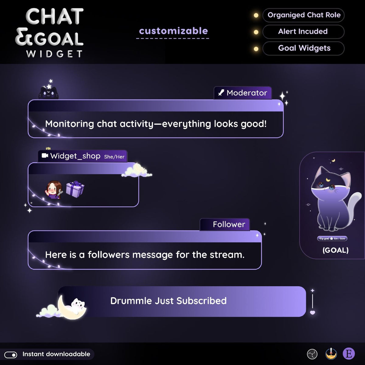 Dark Lunar Cat Chat Widget | Twitch StreamElements Animated Chat Goal Overlay | Kawaii VTuber Streamer