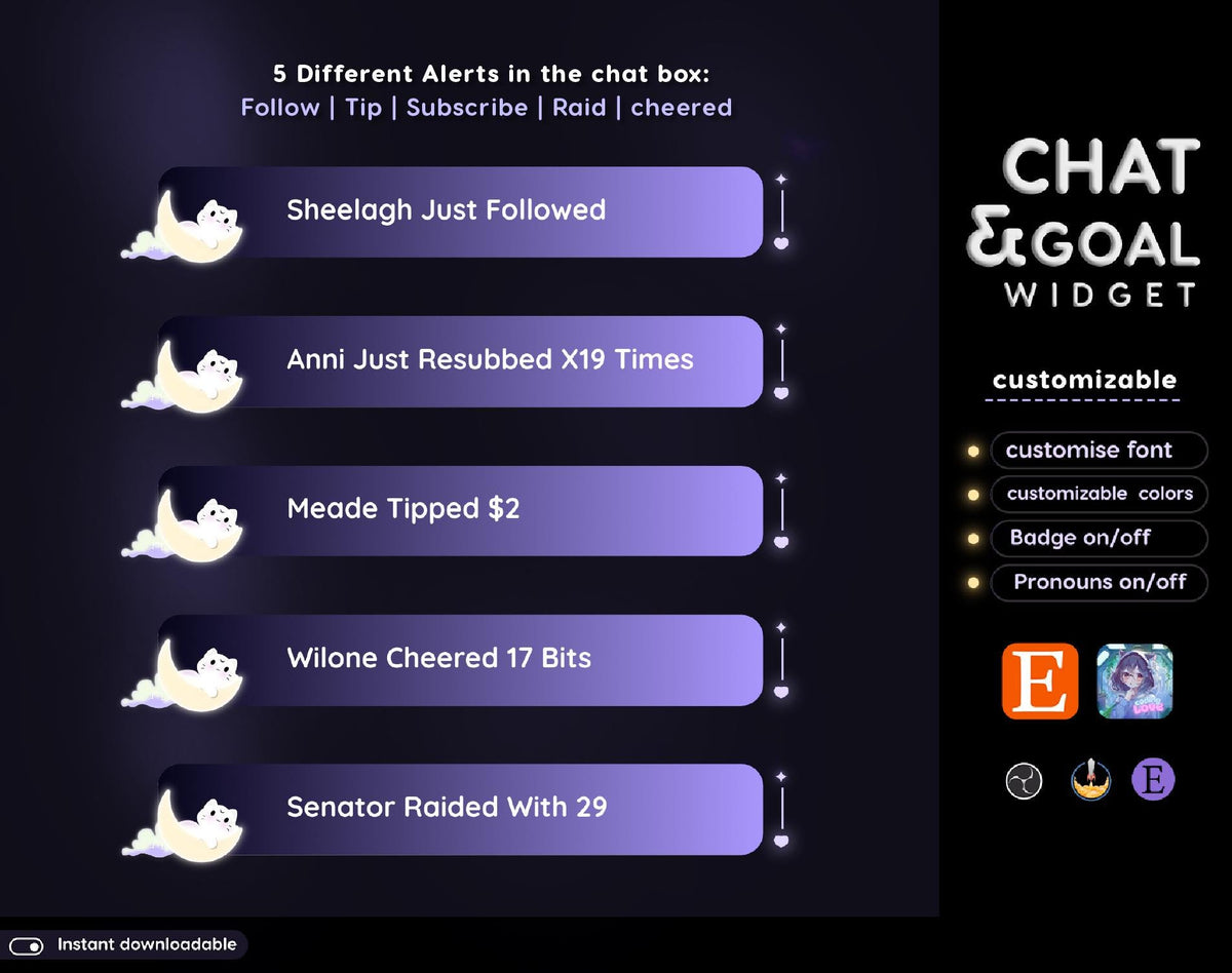 Dark Lunar Cat Chat Widget | Twitch StreamElements Animated Chat Goal Overlay | Kawaii VTuber Streamer