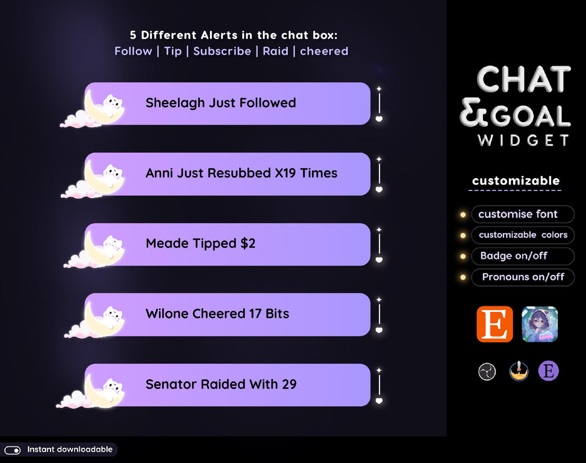 Lunar Cat Chat Widget | Twitch StreamElements Purple Animated Cosmic Overlay | Kawaii VTuber Streamer