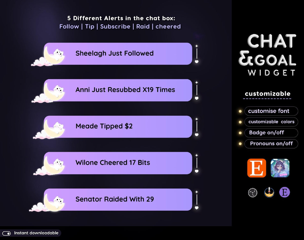 Lunar Cat Chat Widget | Twitch StreamElements Purple Animated Cosmic Overlay | Kawaii VTuber Streamer