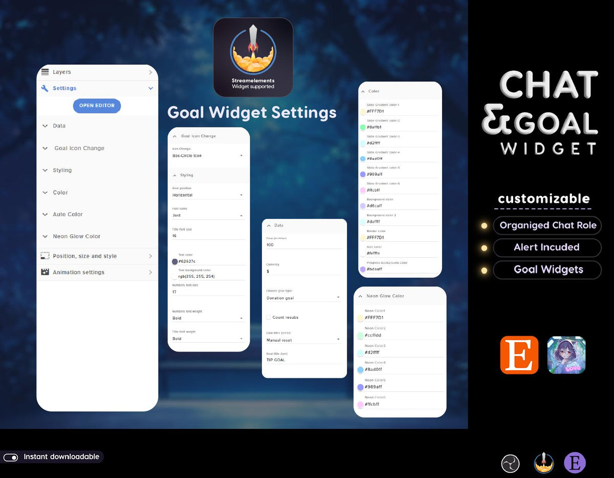Neon Animated Twitch Chat and Goal Widget | Multistream Transparent Glow Stream Overlay (Digital Download) Youtube • Kick