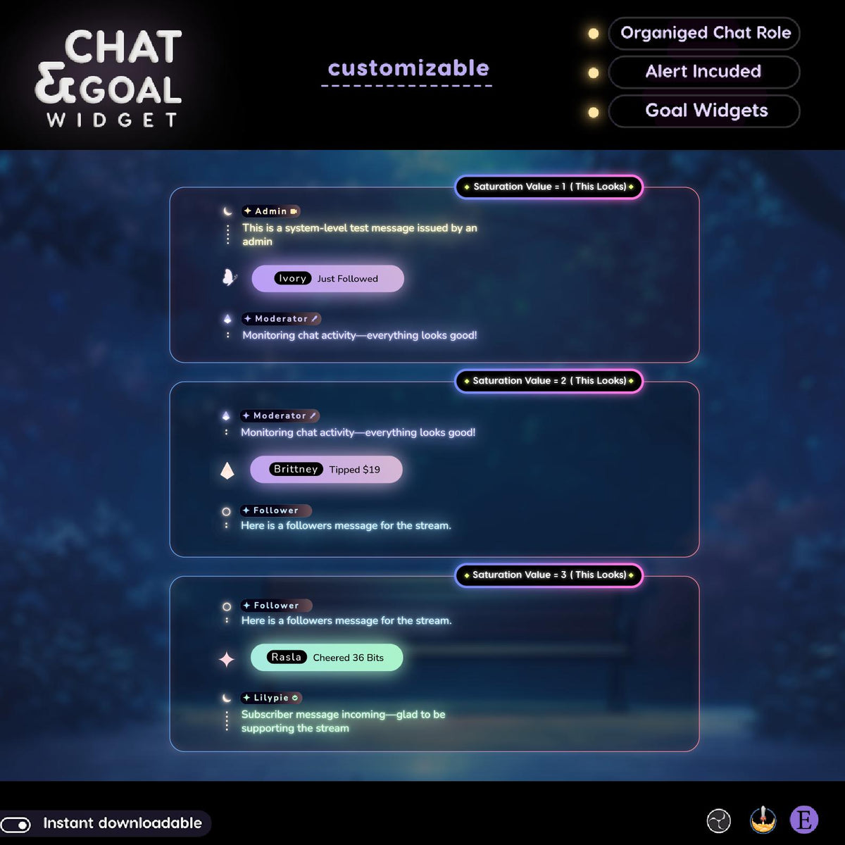 Neon Moon Glow Chat Widget | Twitch StreamElements Animated Chat Goal Overlay | Celestial VTuber Streamer