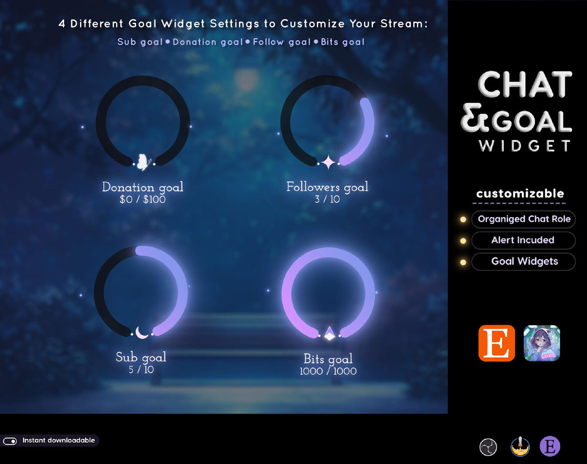 Neon Moon Glow Chat Widget | Twitch StreamElements Animated Chat Goal Overlay | Celestial VTuber Streamer