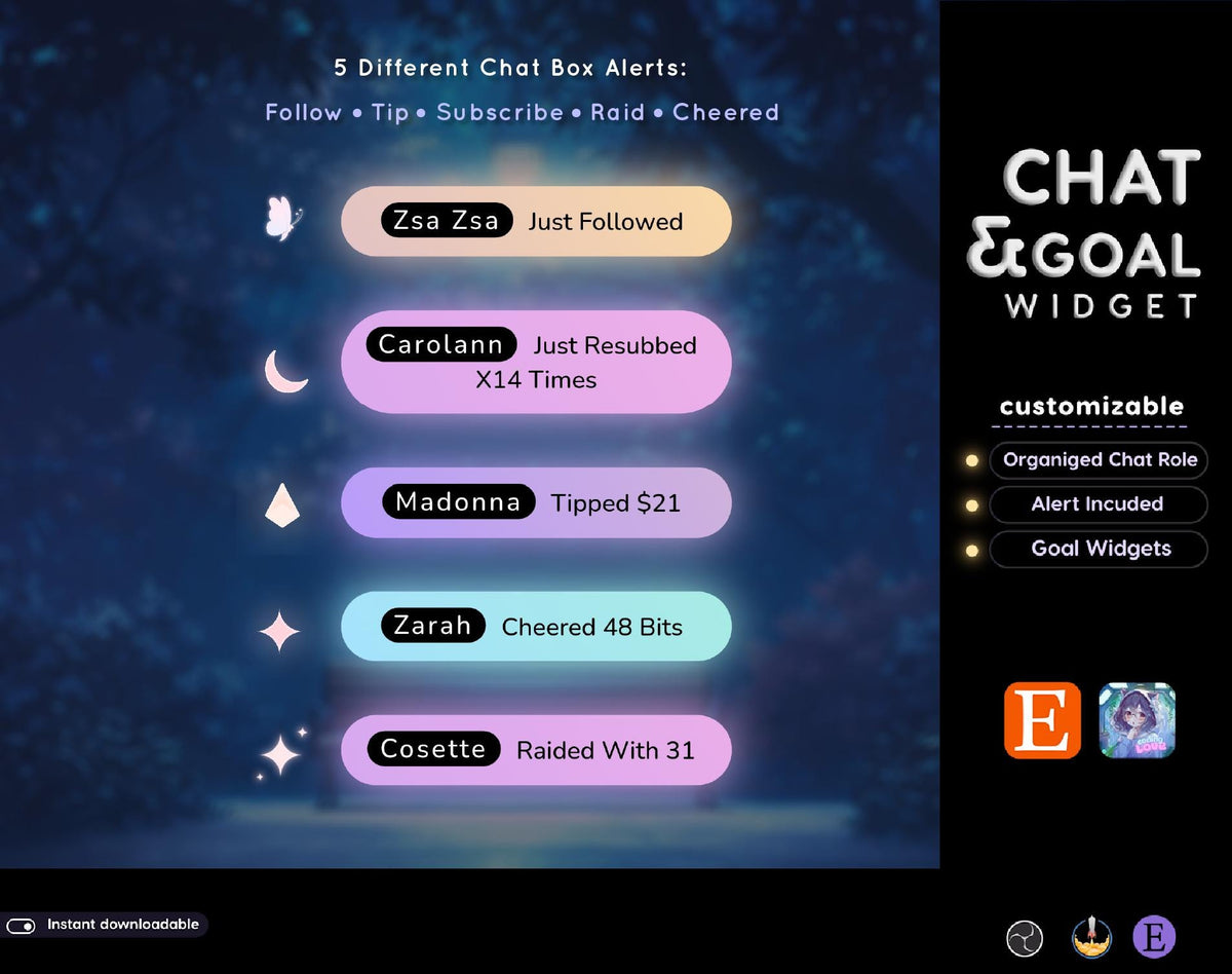 Neon Moon Glow Chat Widget | Twitch StreamElements Animated Chat Goal Overlay | Celestial VTuber Streamer