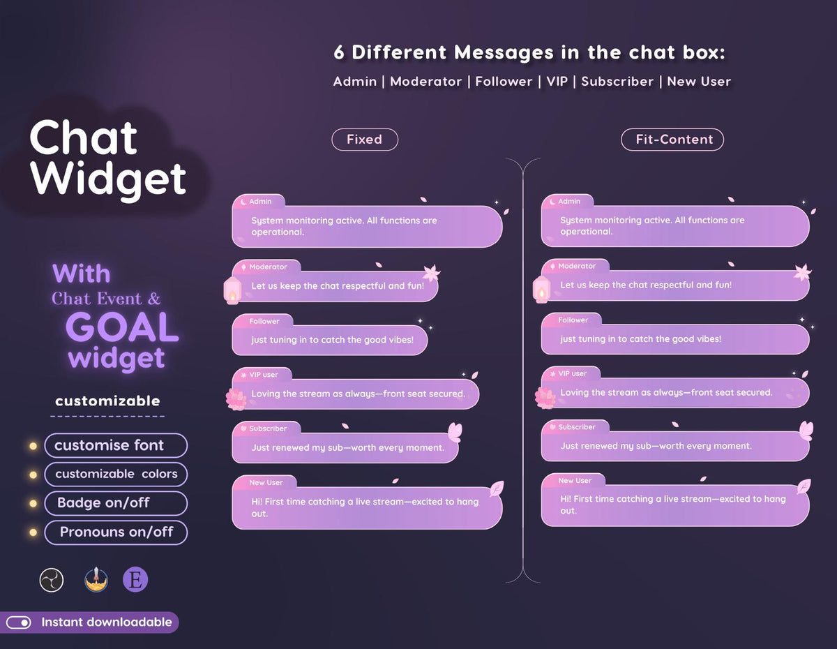 Floral Pastel Chat Widget | Twitch StreamElements Animated Chat Goal Overlay | Nature VTuber Streamer