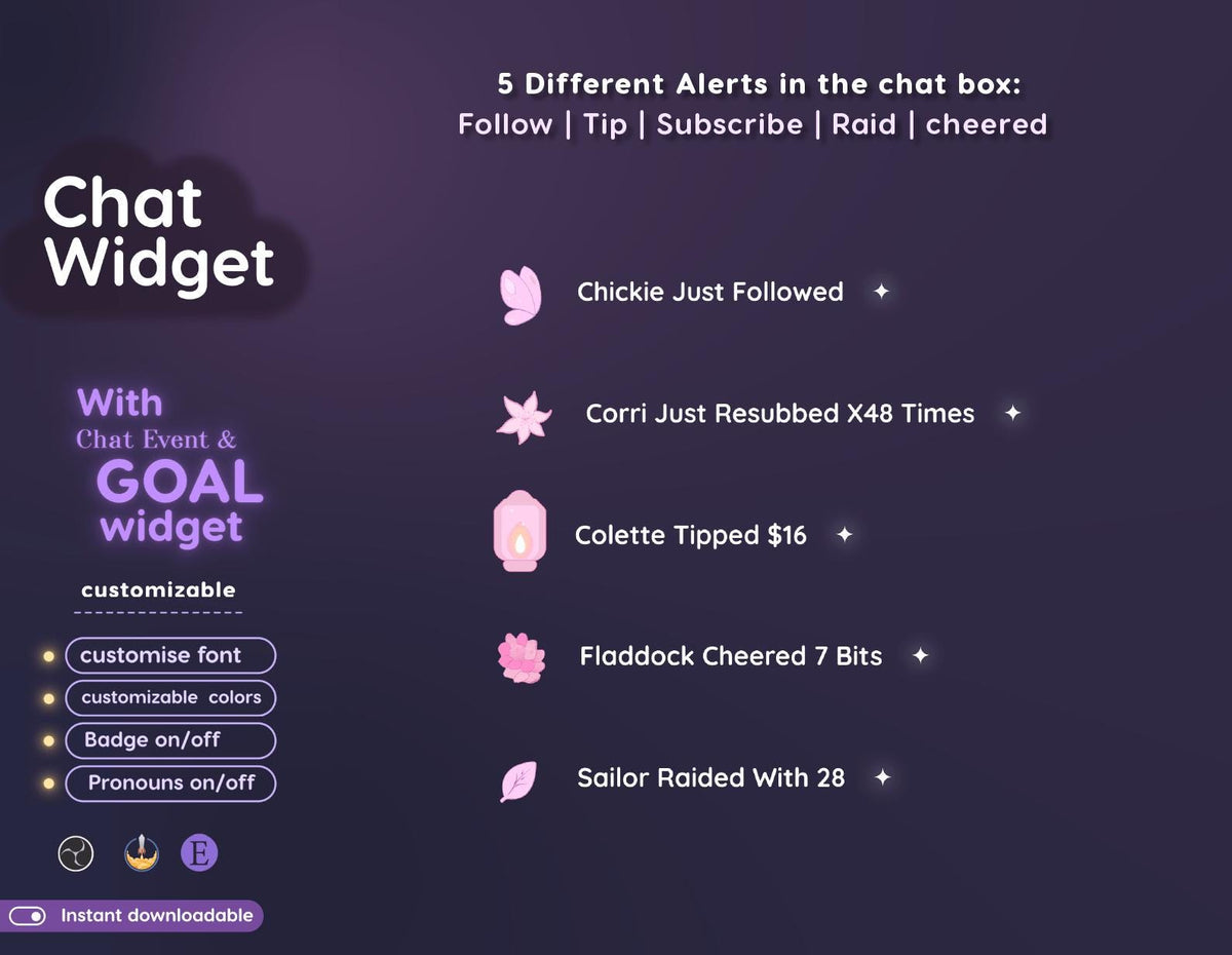 Floral Pastel Chat Widget | Twitch StreamElements Animated Chat Goal Overlay | Nature VTuber Streamer