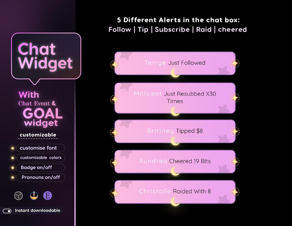 Moon Glow Chat Widget | Twitch StreamElements Animated Starry Night Overlay | Celestial VTuber Streamer