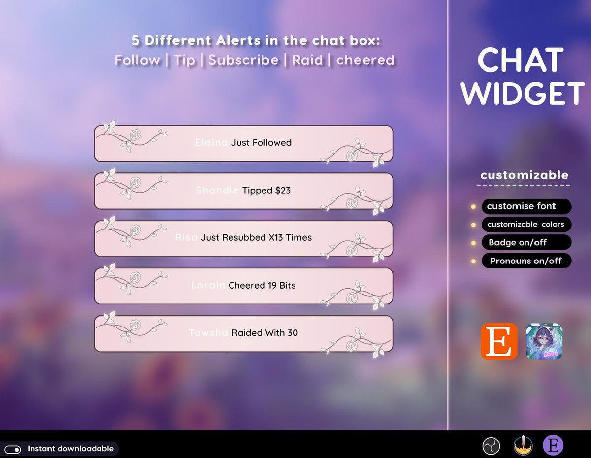 Rose Flower Chat Stream Widget - Minimal, Clean Vibe (Streamelements)