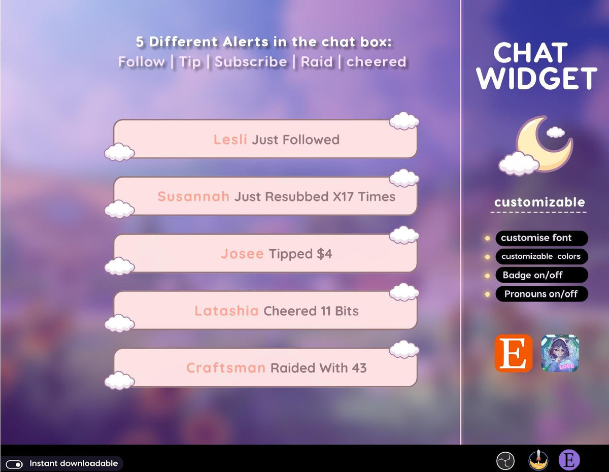 Pastel Moon Chat Widget | Twitch StreamElements OBS Animated Cloud Overlay | Dreamy VTuber Streamer