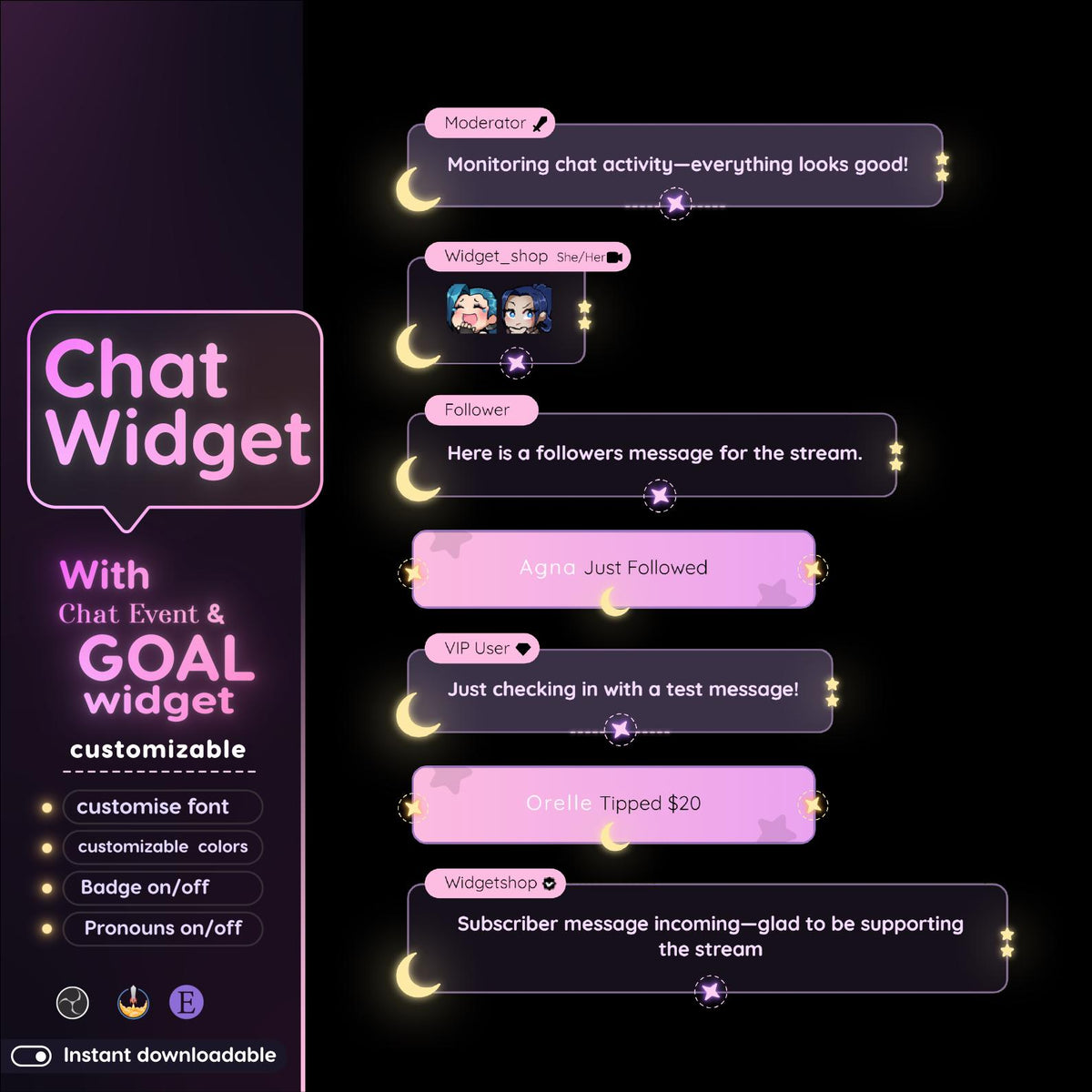 Moon Glow Chat Widget | Twitch StreamElements Animated Starry Night Overlay | Celestial VTuber Streamer